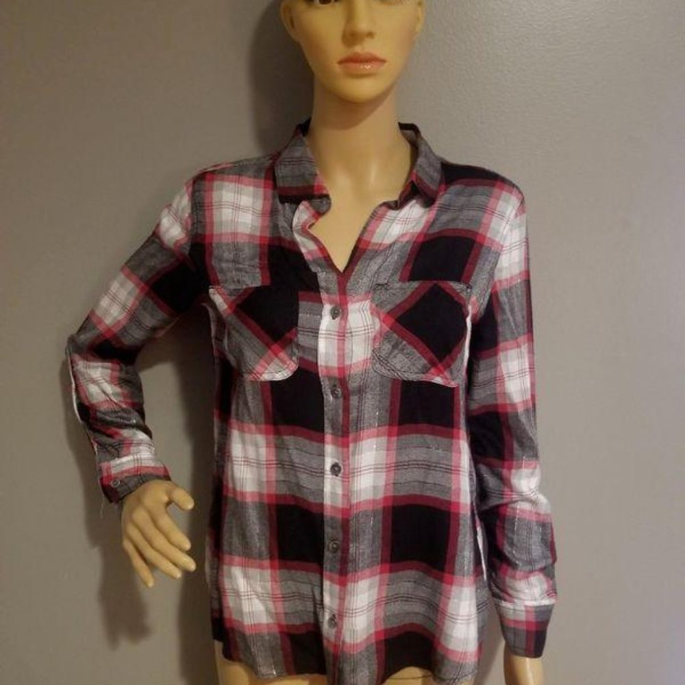 Black Red White Plaid Button Blouse
